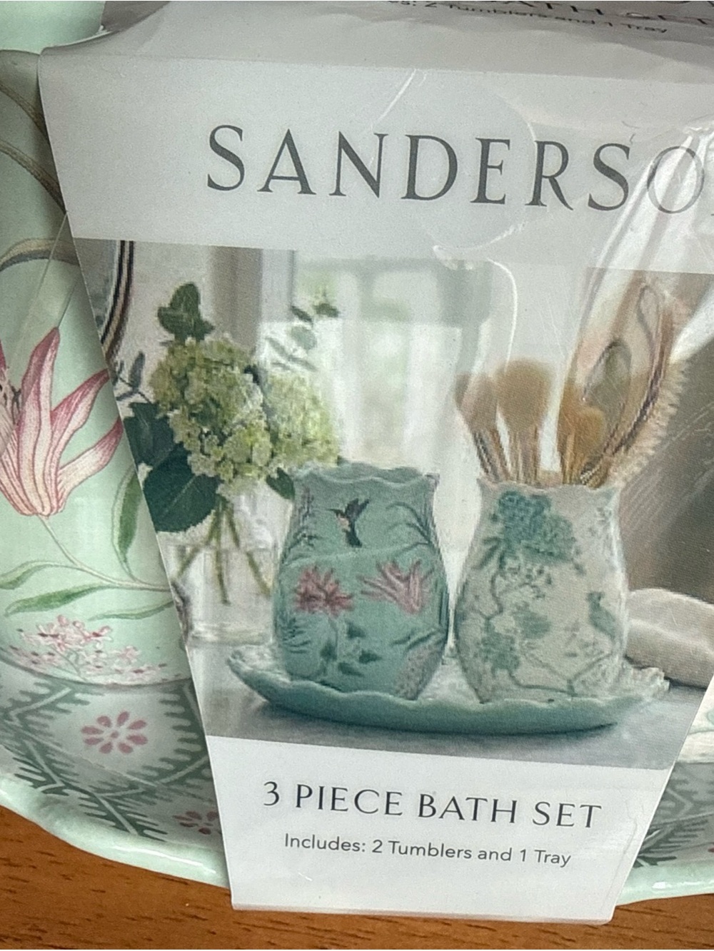 Sanderson 3-Piece Mint Floral Bath Set - 2 Tumblers & Tray NWT Beautiful